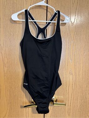Speedo Women's Black One-Piece Racerback Swimsuit with White Piping, size 14